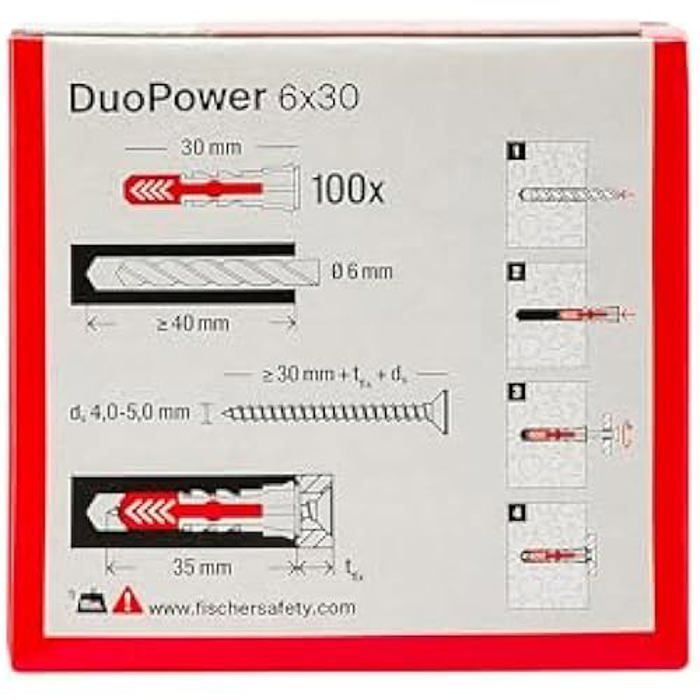 Chevilles Fischer 100 Duo - Diamètre 6mm, longueur 30mm - Pour mur plein, brique perforé, plaque de plâtre