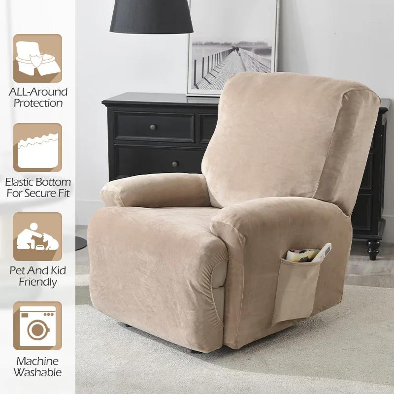1 2 3 4 Seater Velvet Recliner Sofa Cover Split Design Relax Sofas Slipcover Lounge Armchair Covers with Side Pocket Home Decor
