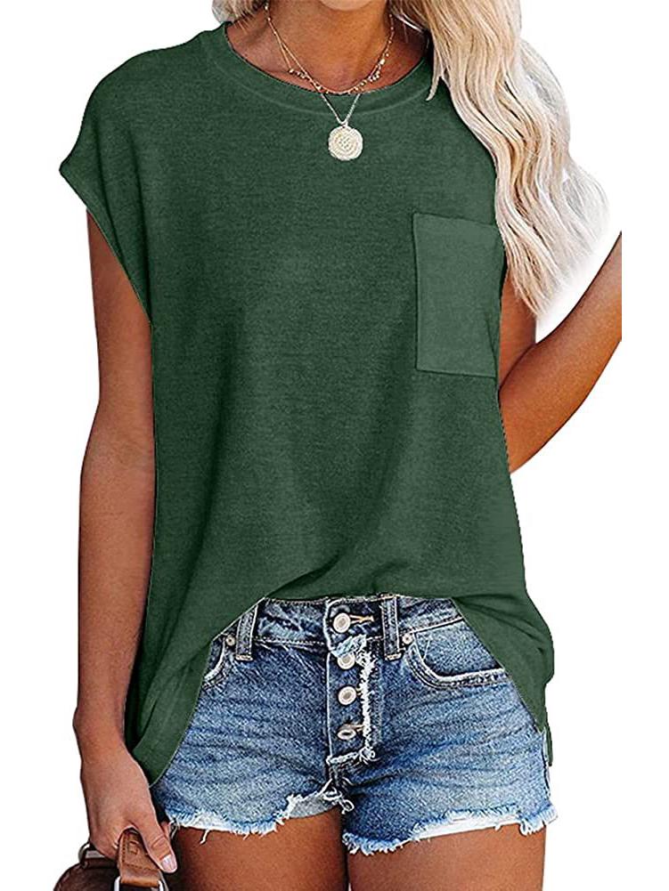 Европейская и американская женская однотонная футболка с круглым вырезом, карманом и разрезом на плече, с коротким рукавом