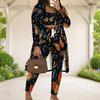 Women Plus Size Butterfly Printed Three Piece Set Long Sleeve Open Front Cardigan Crop Top Long Pants