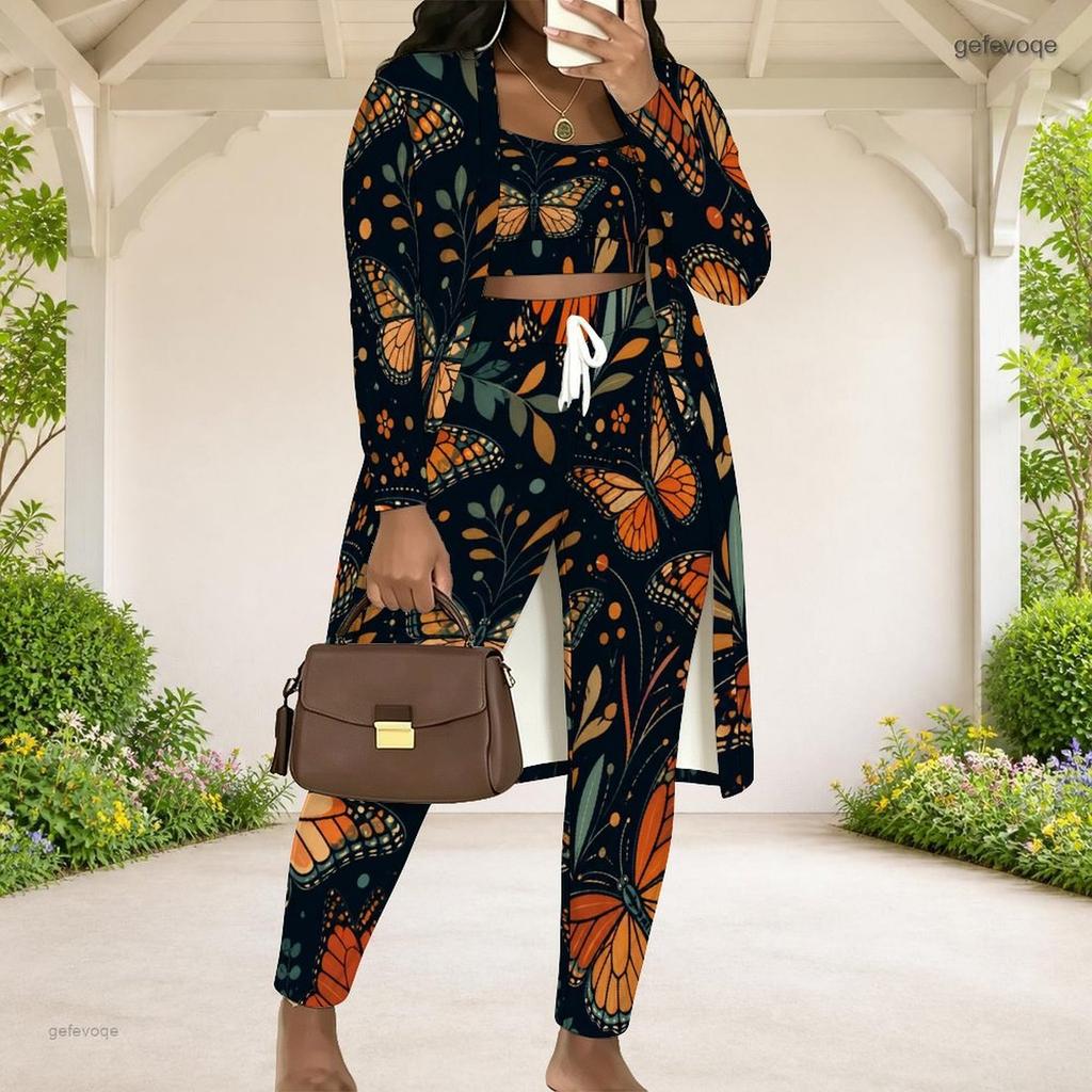 Women Plus Size Butterfly Printed Three Piece Set Long Sleeve Open Front Cardigan Crop Top Long Pants