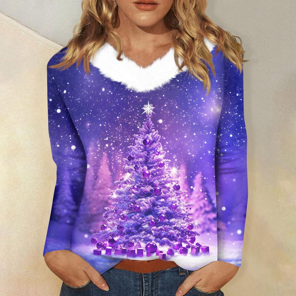 Women's T Shirt Shirt Long Sleeve Christmas Party Printed Plush Collar V Neck  Top