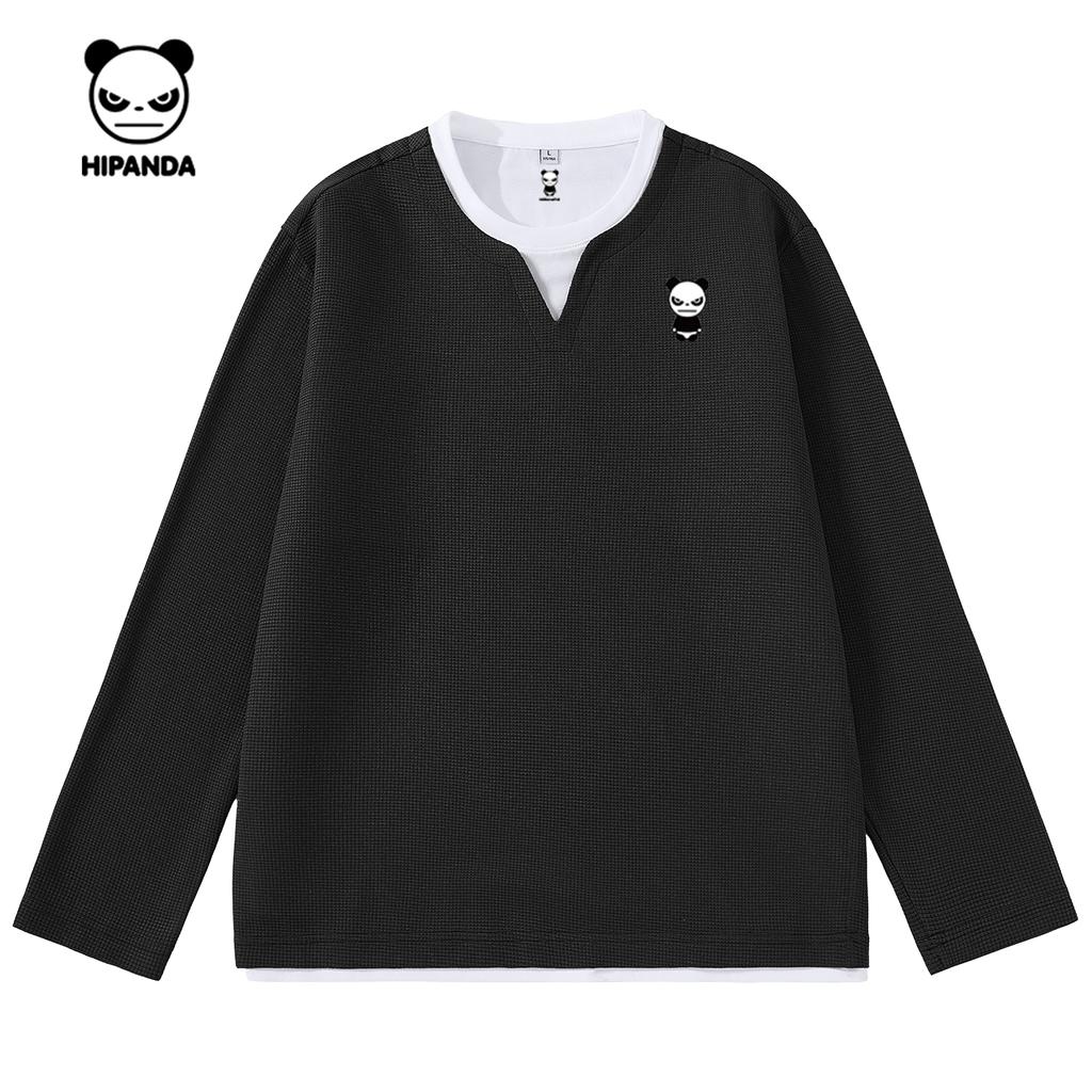 Hello Hipanda, Panda Fake Two Waffle Round Neck Long-Sleeved T-shirts