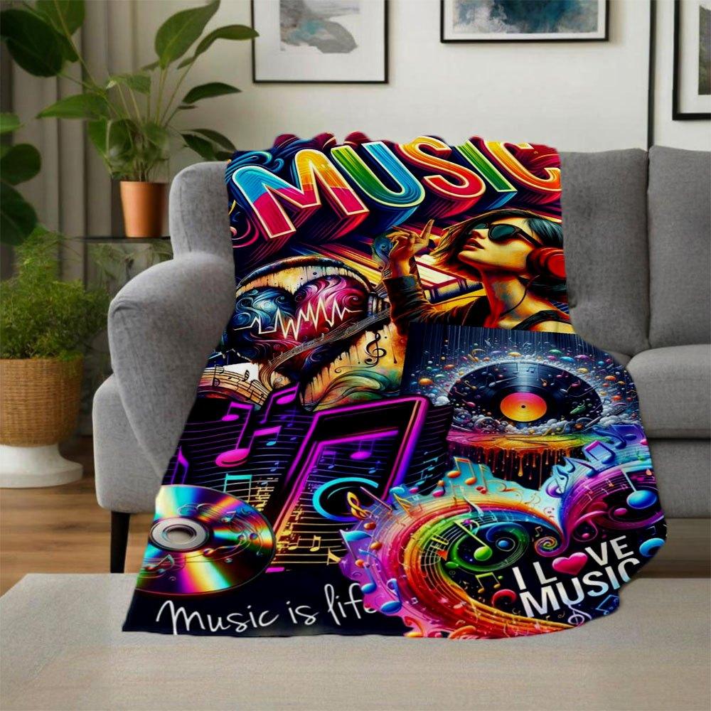 "Music Lovers' Vibrant Poster: 'Music is Life, I Love Music'"Blanket Flannel Throw Blanket for Sofa, Bed, Travel, Camping, Office