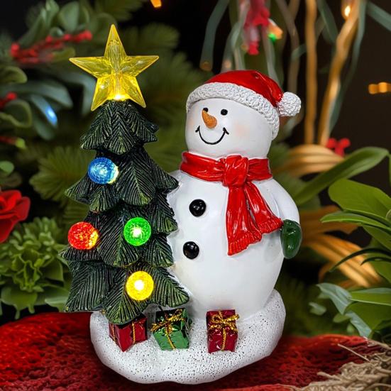 Christmas Santa Figurine Solar Light Resin Snowman Santa Claus Tree Statue Decorative Lamp Home Office Desktop Ornament
