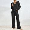 Женский модный однотонный топ с V-образным вырезом и длинными рукавами, повседневные брюки с эластичной талией, комплект из двух предметов