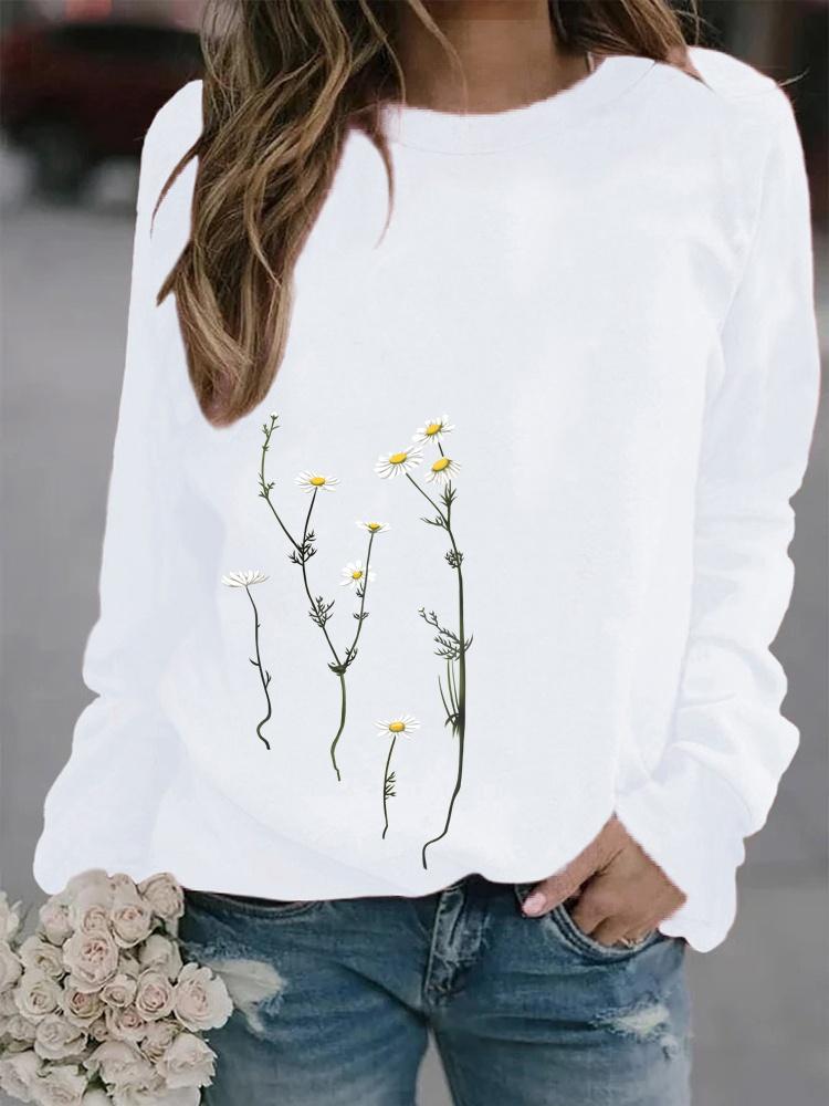 Women Winter Clothing Floral Printed Casual Sweatshirt Long Sleeve Tops T-shirt Ladies Round Neck Pullover Sweater