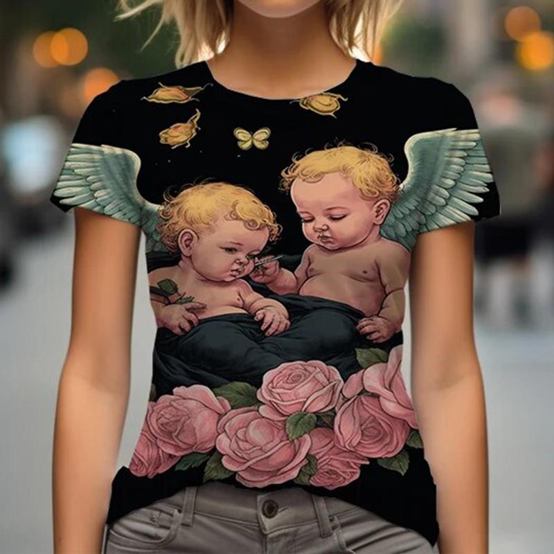 Женская футболка Angel Baby с 3D-принтом, повседневная футболка с короткими рукавами и круглым вырезом Y2K, уличная одежда Harajuku, футболка, женская одежда