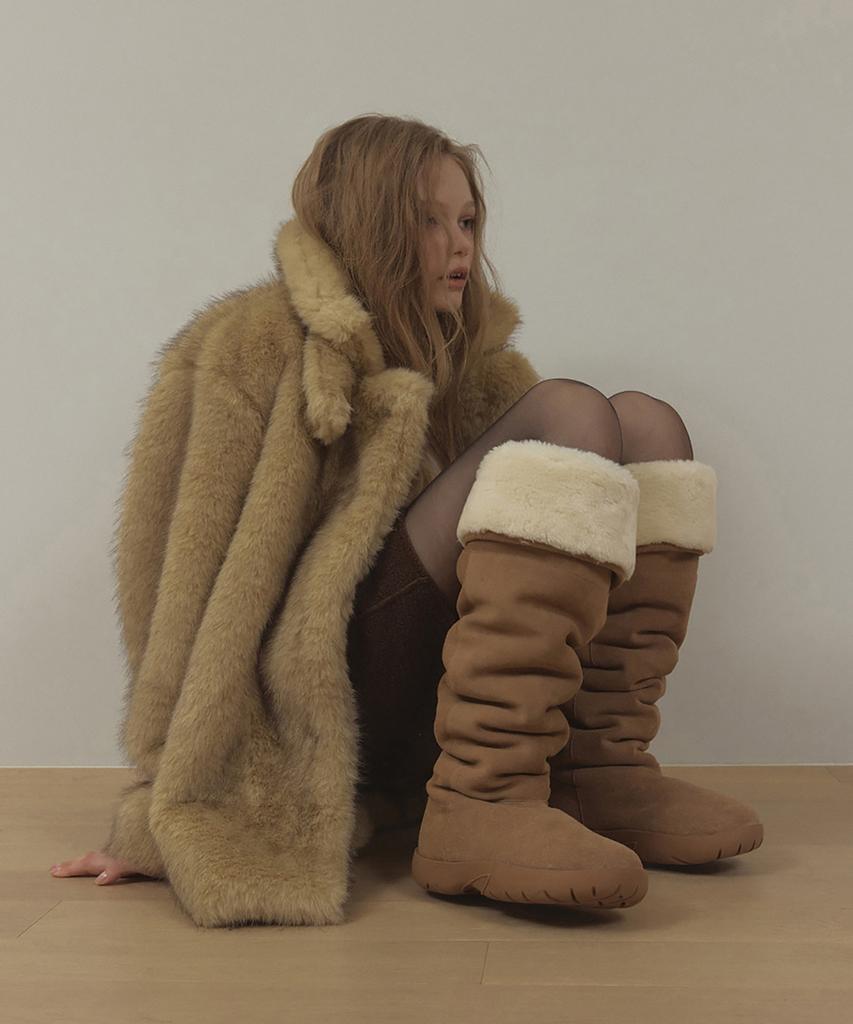 Lonque Lamb Fur Thigh-High Boots (Beige)