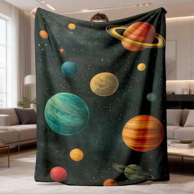1pc Space-Themed Flannel Blanket | Ultra Soft & Warm, Machine Washable, Polyester, Digital Print, Ultrasonic Embossing, Perfectly Comfortable for All