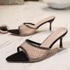 Fashion One Line Slippers Summer New Pointed Head Shallow Mouth Glitter Mesh Cloth Slip-on Wear-resistant High Heels