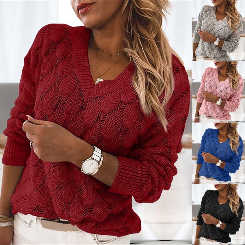 Women V-neck Solid Color Feather Hollowing Out Sexy Long Sleeves Sweater Tops
