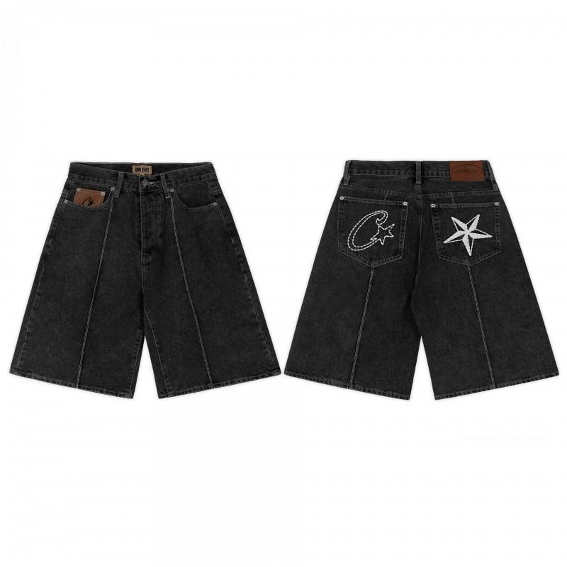 Mens Black Denim Mid-Length Shorts With Star Embroidery Distressed Vintage Streetwear Style Slim Fit Five-Point Pants