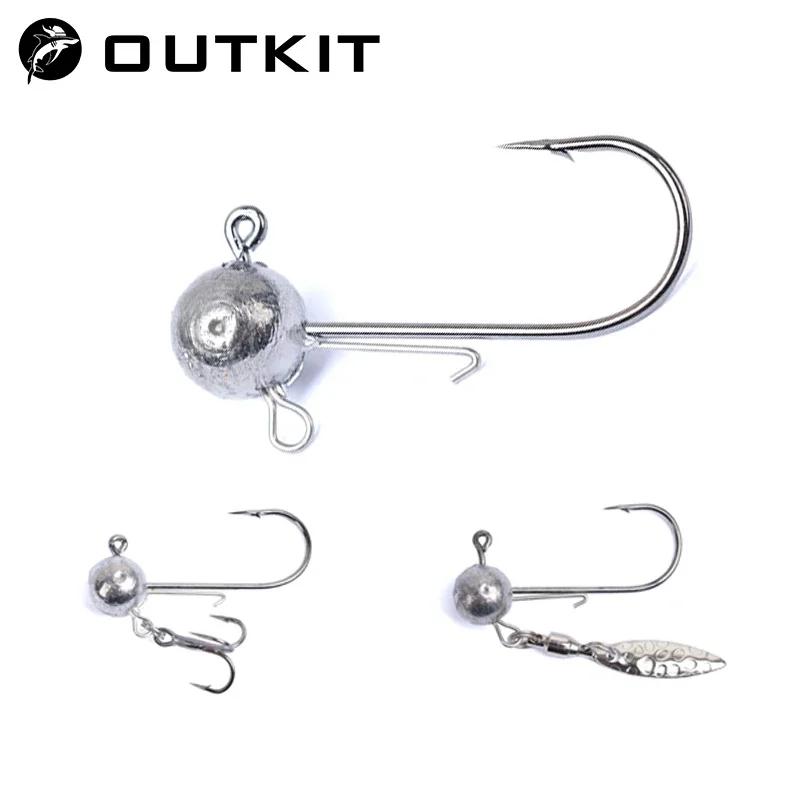 1 OUTKIT 10pcs Double Ring Head Jigs Hook Round Ball Jig Head Hook DIY Weedless Long Shank Secondary Hooks For Soft Worm Fishing