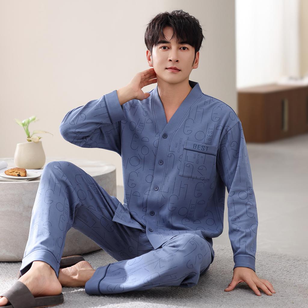 Pajamas Men'S Pure Cotton Spring And Autumn Long-Sleeved Trousers Cardigan Men'S Large-Size Casual Loungewear Set