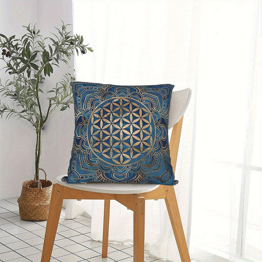 Flower Of Life Mandala Pillow Cover Blue Gold Geometric Print Soft Throw Pillow Case For Yoga Meditation Home Decor Gift