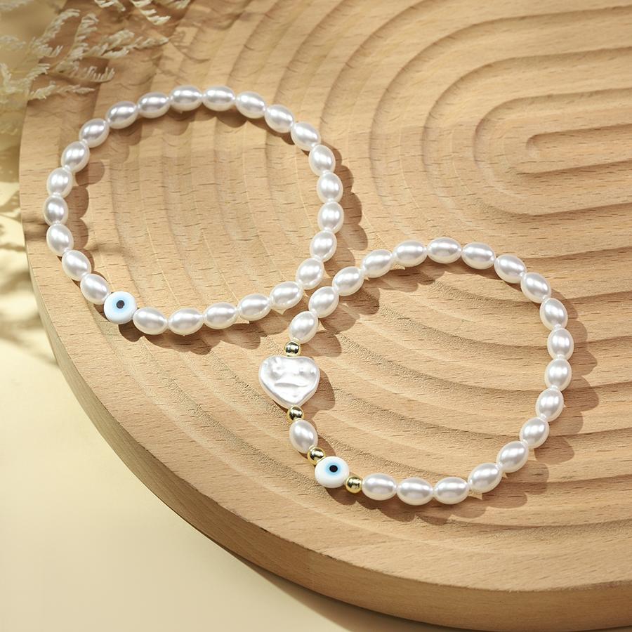 2Pcs Boho Double Layer Pearl Bracelet For Women Evil Eye Heart Charm Elastic Beaded Braclet Minimalist Daily Wear Jewelry Gift