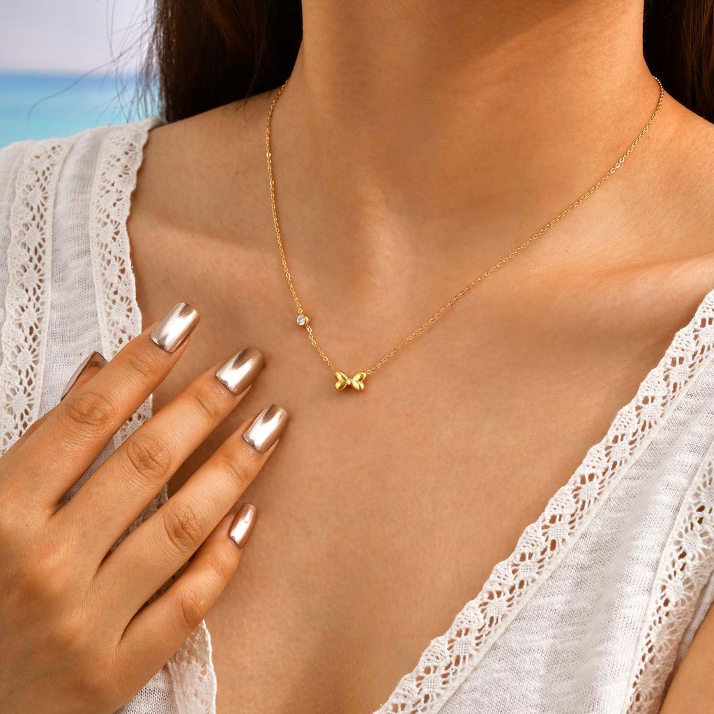 Minimalist Zircon Bowknot Pendant Necklace for Women, 18K Gold Plated Stainless Steel Necklace, Waterproof Jewelry Accessories