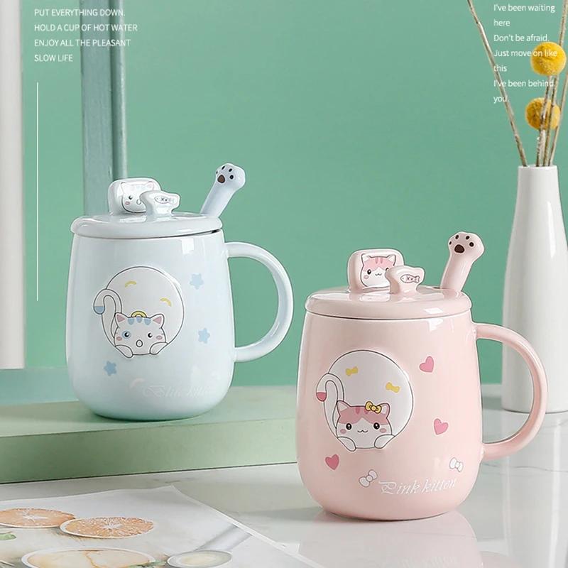 Кружка с крышкой и ложкой в виде кошки Керамическая чашка Чашка для кофе Оригинальные кружки Чашки для кофе и чая Новогодние кружки Посуда для напитков Красивая