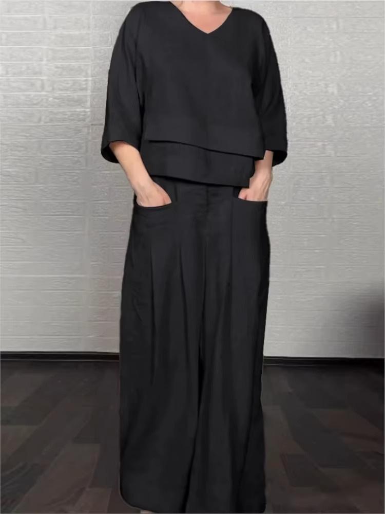 Комплект в европейско-американском стиле 2025 года: однотонный топ с круглым вырезом и брюки прямого кроя со средней посадкой