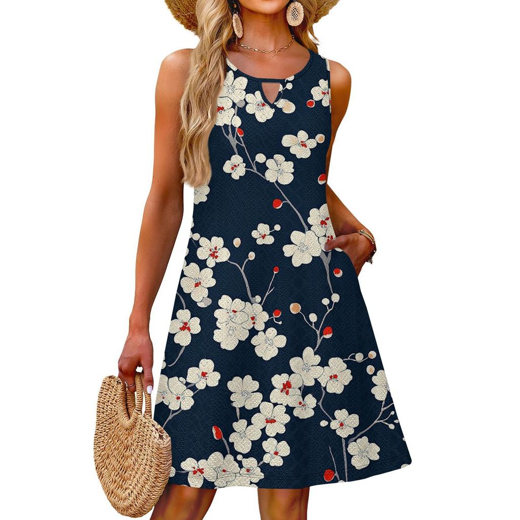 Ladies Fashion Casual Summer Floral Print Dress With Pocket Beach Holiday Vest Dress