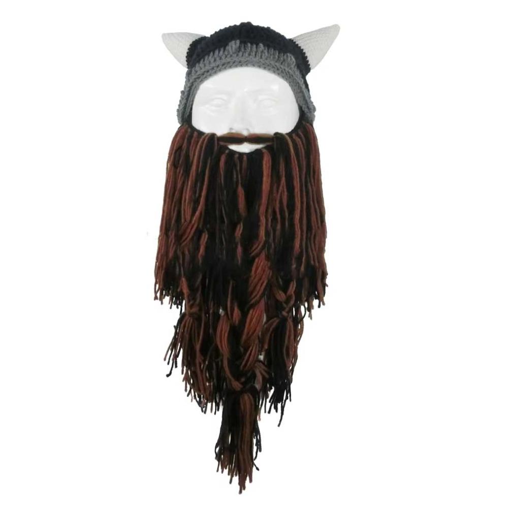 Horn Hat Viking Beard Beanie Handmade Knit Big Beard Mask Hat Wig Beard Hats Costume Accessory