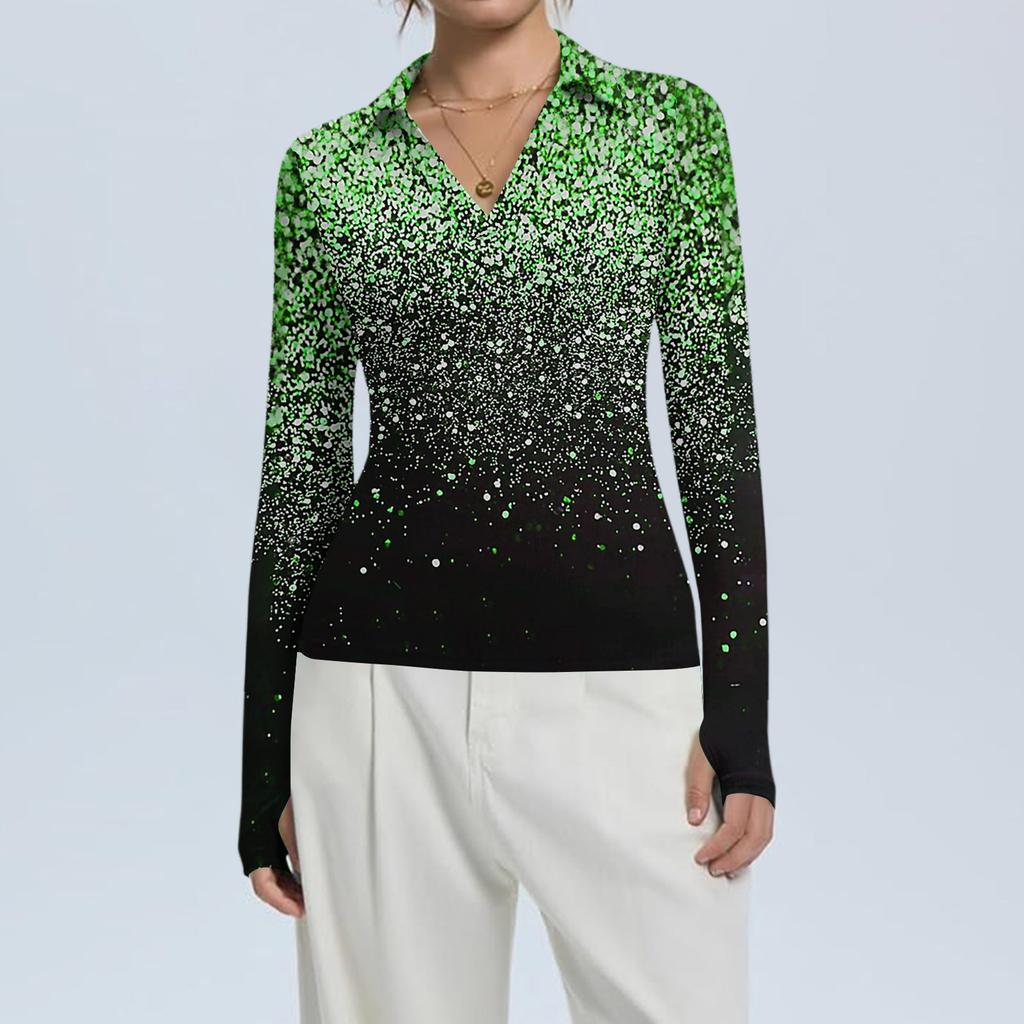 Женская Мода Повседневный Принт V-образный Вырез Длинный Рукав Застежка на Пуговицы Топ