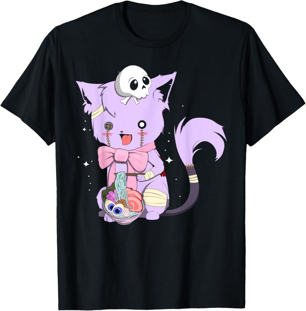 Kawaii Pastel Goth Cute Creepy Cat Bat Skeleton T-Shirt Print Original Design Gifts T Shirts Mens Clothing Camisas Streetwear