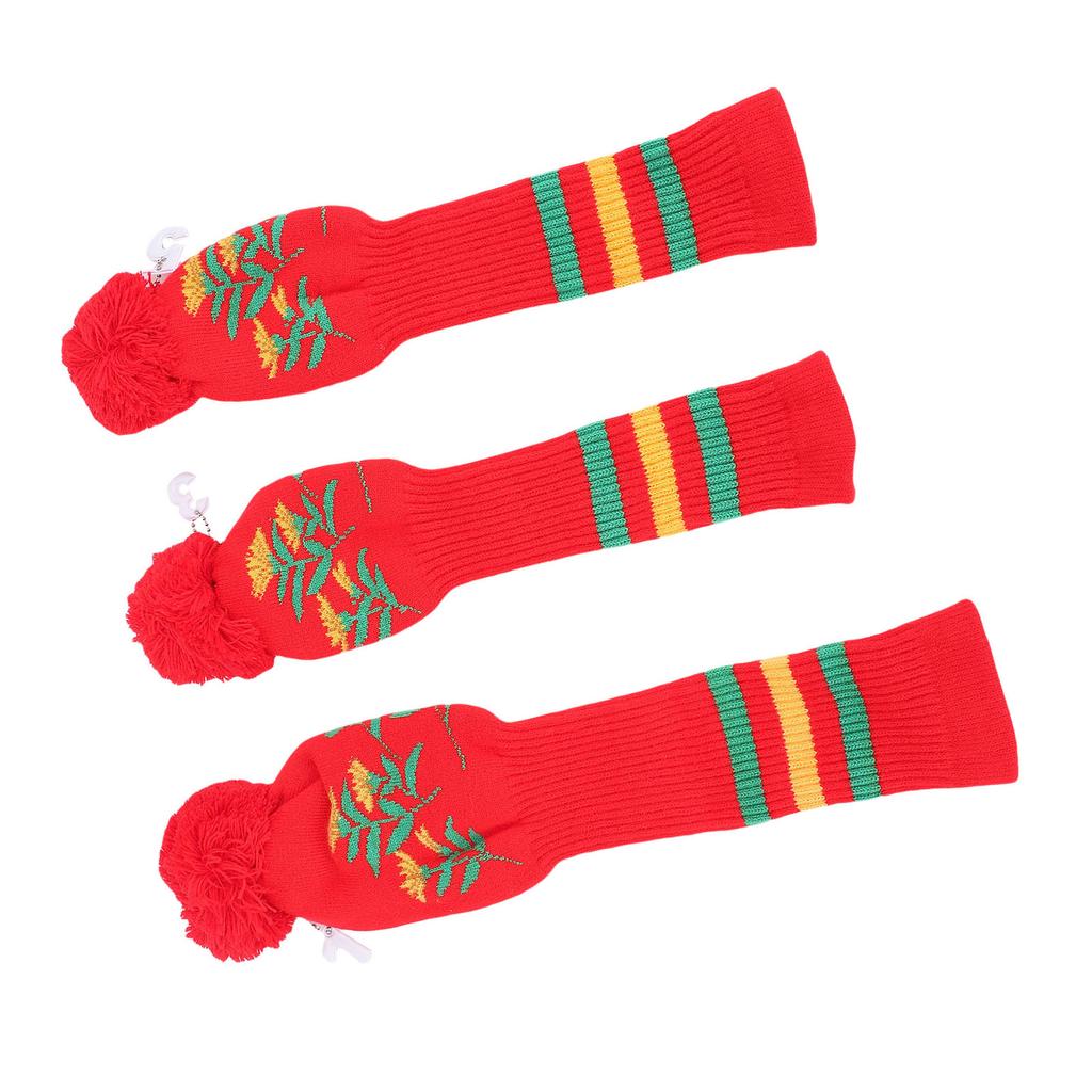 3pcs Knitted Club Head Covers Set with Long Neck Pom Pom Decoration Soft Club Head Protector Snug Fit Red