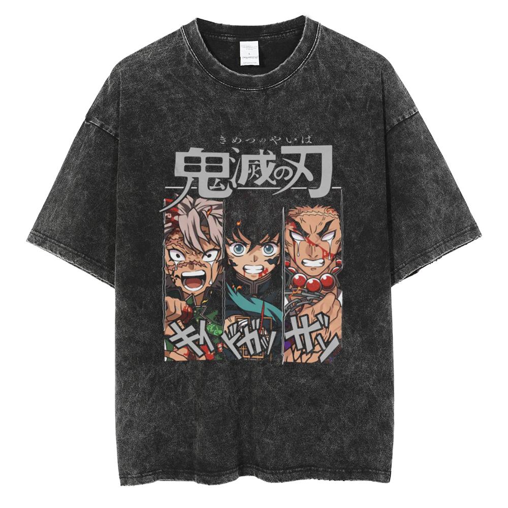 Anime Demon Slayer Tanjirou Nezuko Zenitsu Inosuke Cute Graphic Tshirt Men Women Washed Cotton T-shirts Harajuku Male Manga Tops