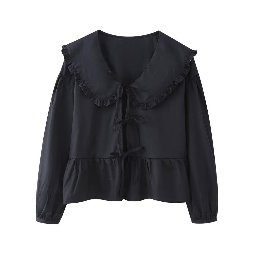 Женская модная рубашка с длинным рукавом и V-образным вырезом, с галстуком-бабочкой, футболка, топы