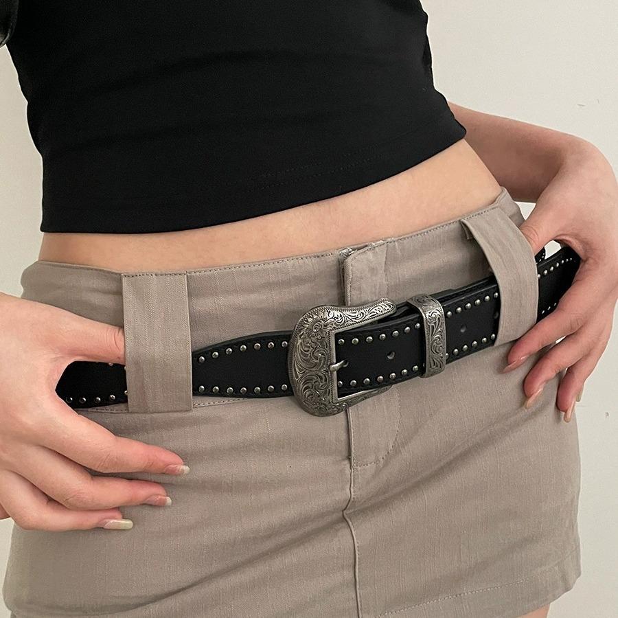 American Retro Belt Women'S 2024 Rivet Punk Style Belt Versatile With Jeans Belt Personalized Y2K Black