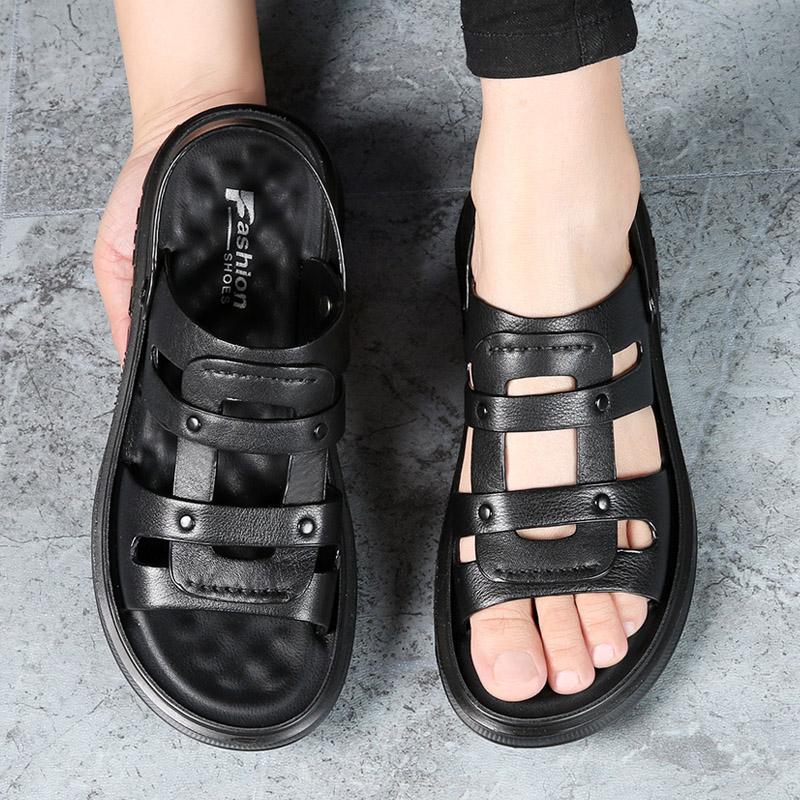 Модные летние мужские черные сандалии из высококачественной кожи, повседневная обувь для мужчин, дышащая пляжная обувь, уличные тапочки, пляжная обувь с латексной подкладкой