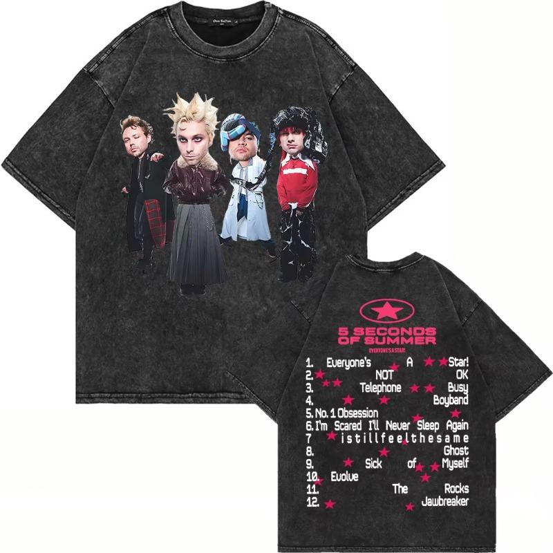 100% Хлопок Винтажная Стирка 5 Seconds of Summer Everyone’s A Star Мировой Тур 2026 Футболка Мужская/Женская Оверсайз Свободная Кислотная Стирка Футболки