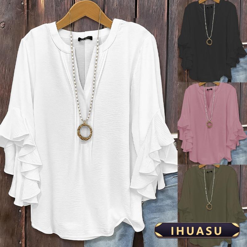IHUASU Women's Fashion V-Neck 3/4 Sleeves Casual Blouses & Shirts Elegant