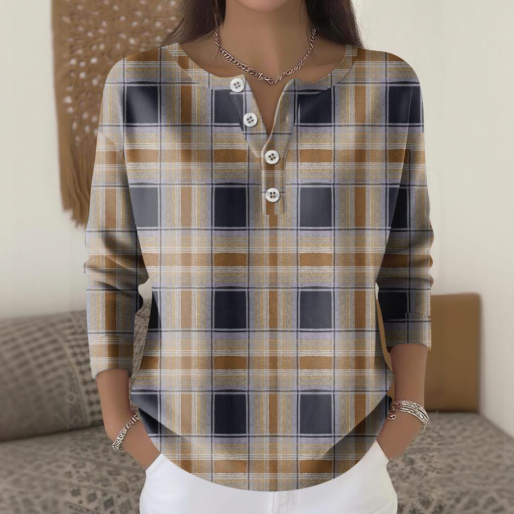 Women's Fashion Long Sleeve Plaid Geometric Print Top Elegant Casual Top