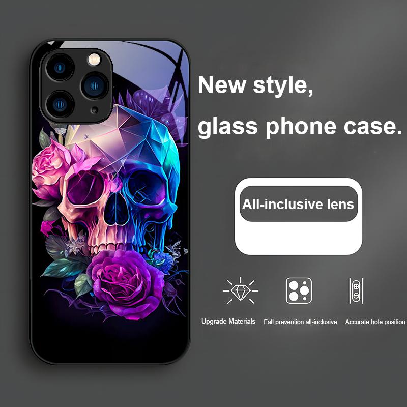 Мультяшная Роза и Череп Фиолетовый Для iPhone 15 14 13 12 Mini 11 Pro Max X XS XR 7 8 Plus 2020 22 SE Закаленное Стекло Чехол для Телефона