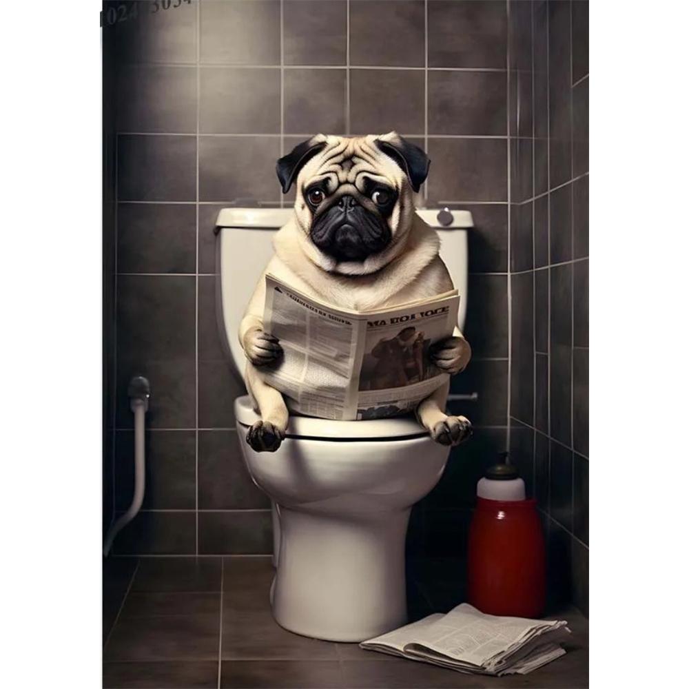 Собака сидит на унитазе и читает газету 5D DIY Алмазная живопись Вышивка крестом Полная выкладка Круглая вышивка Домашний декор Подарки