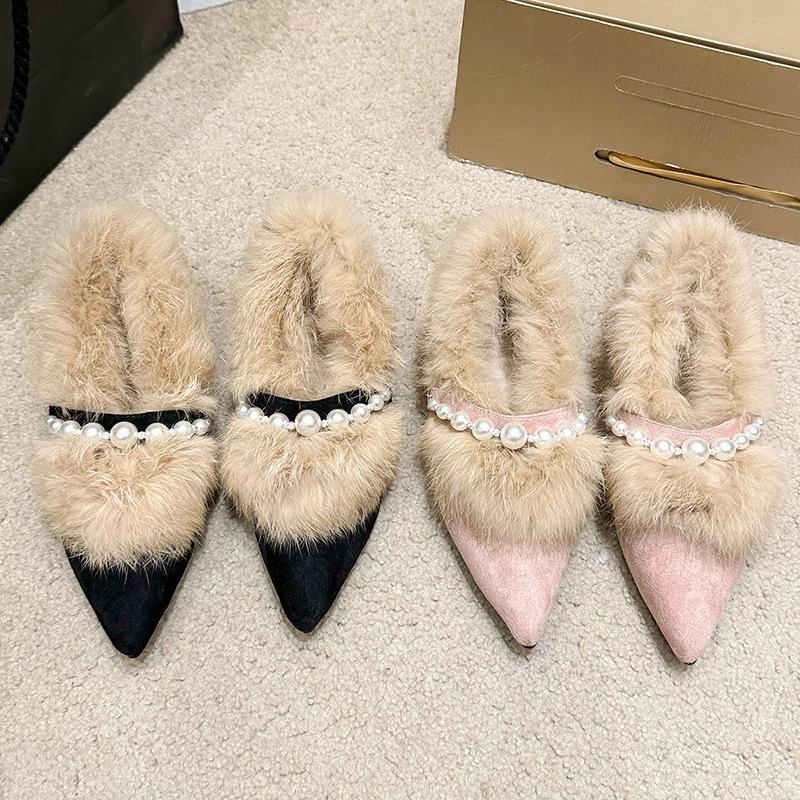 Pointed Fashion Mary Jane Shoes Women's Winter New Fluffy Thick Heel Single Shoes Foreign Style Sweet Warm Fluffy Shoes