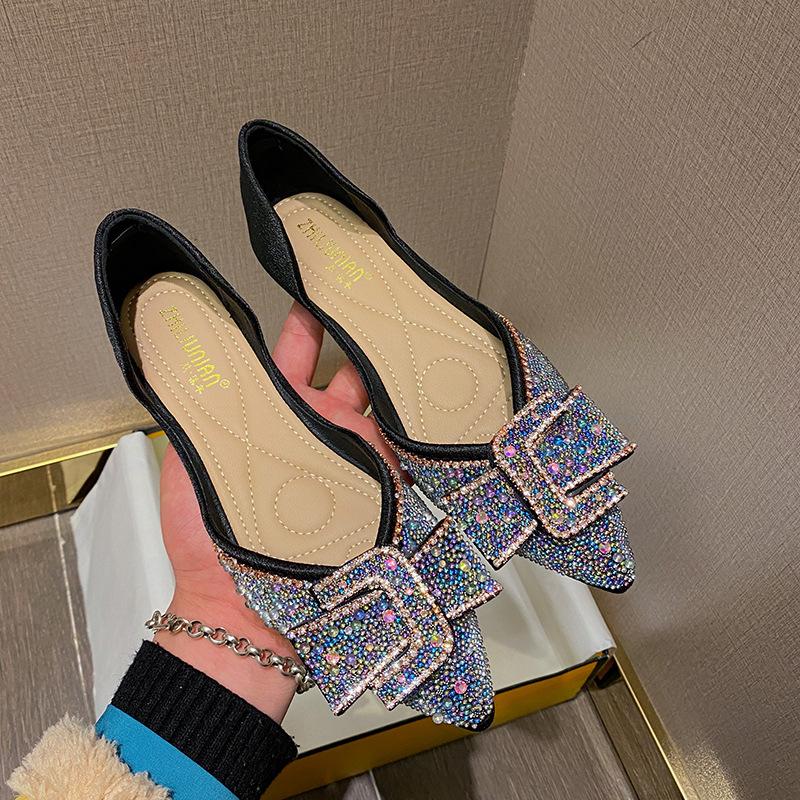 Туфли на плоской подошве больших размеров для женщин Весенние туфли с острым носком Красивые мокасины с бантом для девочек Туфли-лодочки со стразами Летние сандалии