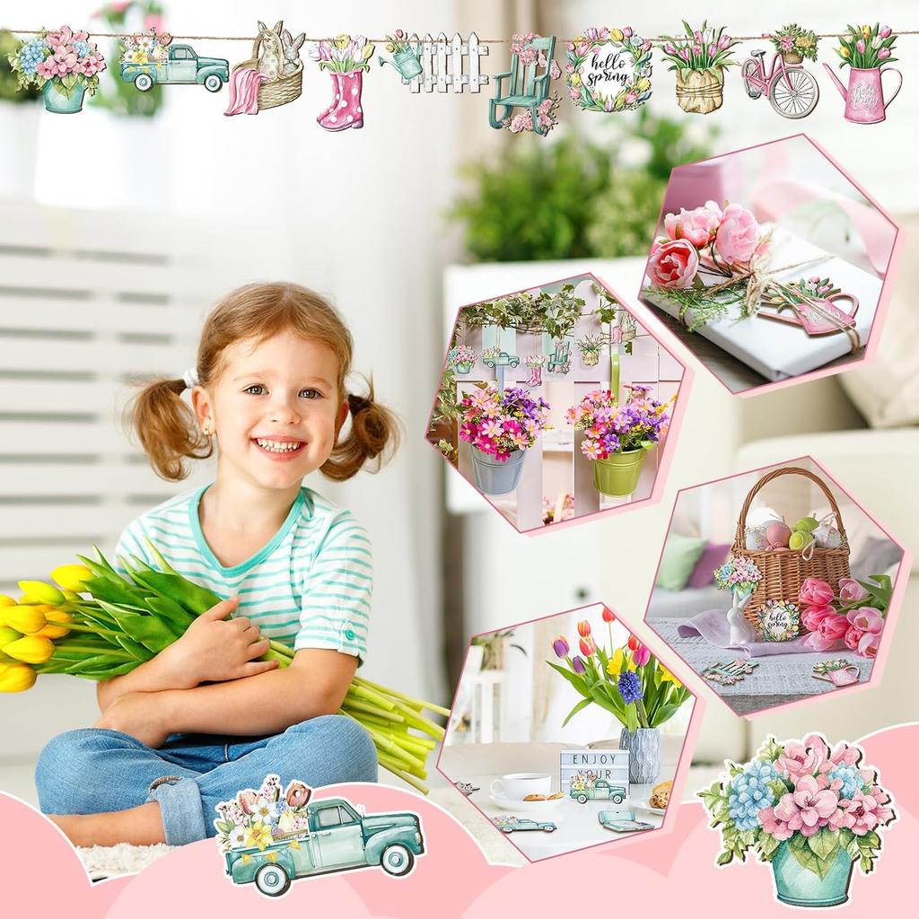 36 Pcs Pastel Spring Ornaments for Tree Wooden Flower Decorations Tulip Truck Watercolor Floral Hanging Decor Wood Spring Decor for Home Small Tree