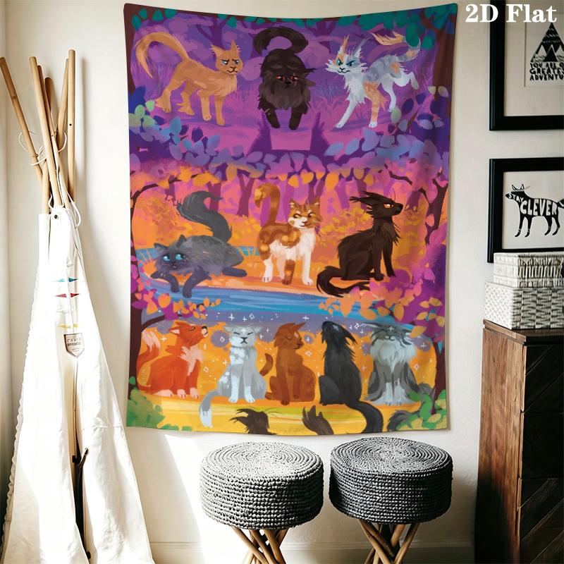Cat Warrior Wall Tapestry Aesthetic Wall Hanging Printed Fabric Blanket Decorative Tapestries for Bedroom Living Room Home Decor