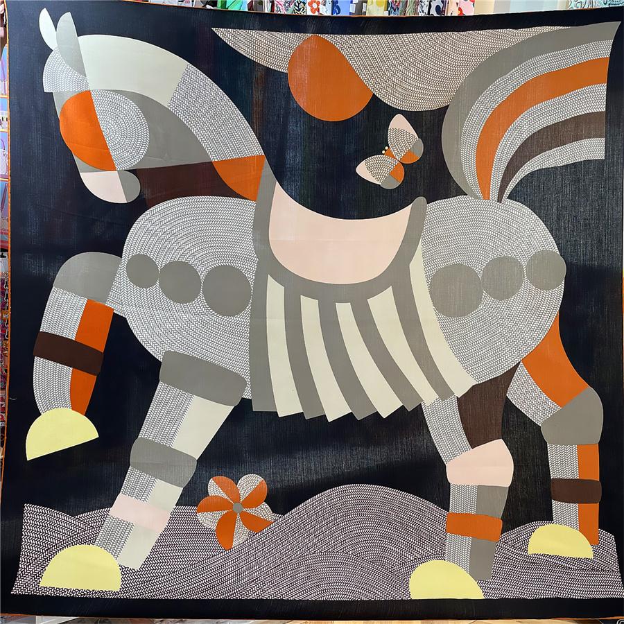 POBING Silk Cashmere Scarf Women Hand Rolled Horse Print Square Scarves Wraps Bandana Big Hijabs Female Foulard 135CM