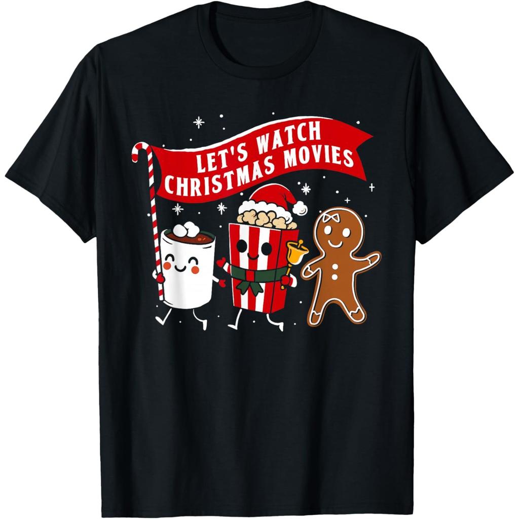 Funny Christmas Movies Hot Cocoa Popcorn Gingerbread Graphic Tee Casual T-Shirt