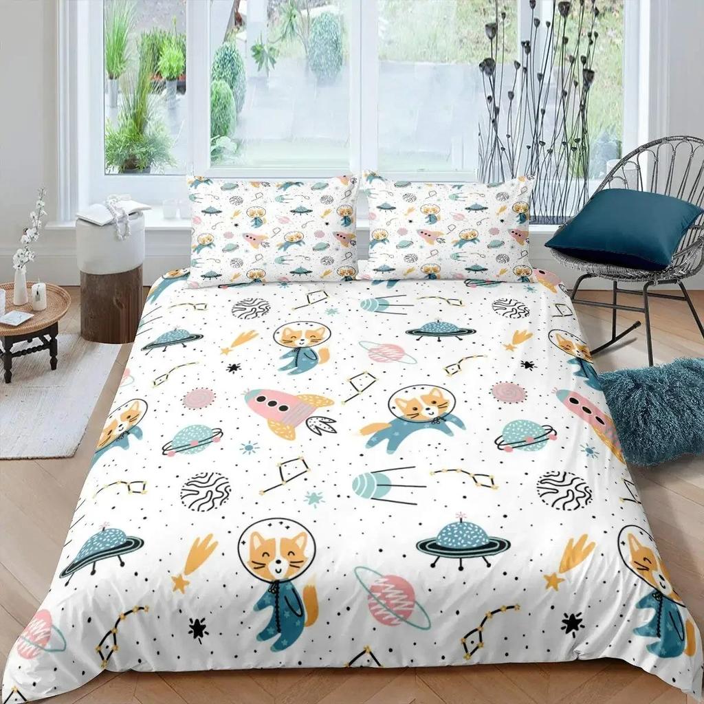Комплект постельного белья «Ракета» King Size, комплект постельного белья «Космический корабль», микрофибра, космический корабль, звезды, планета, мультяшный стиль, пододеяльник