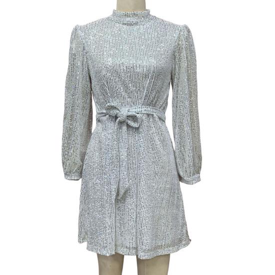 Женское платье со шнуровкой и блестками, короткое платье с круглым вырезом и длинными рукавами, однотонное весенне-осеннее платье с поясом на талии для вечеринок, свадеб, клубов, баров