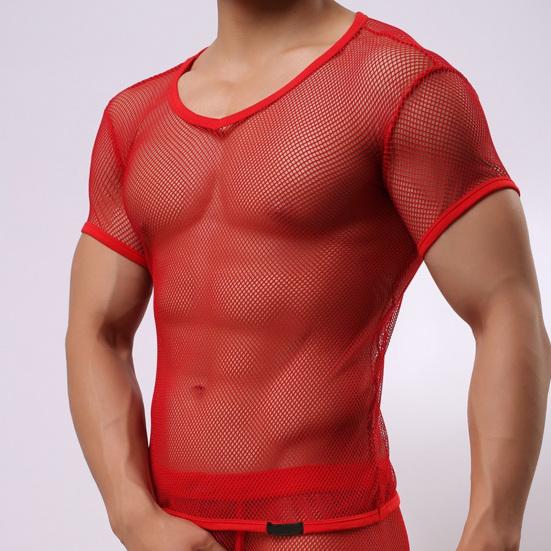 Мужские топы с V-образным вырезом, с коротким рукавом, с полым сетчатым дизайном, футболка однотонная, дышащая, в повседневном стиле, для ежедневной носки