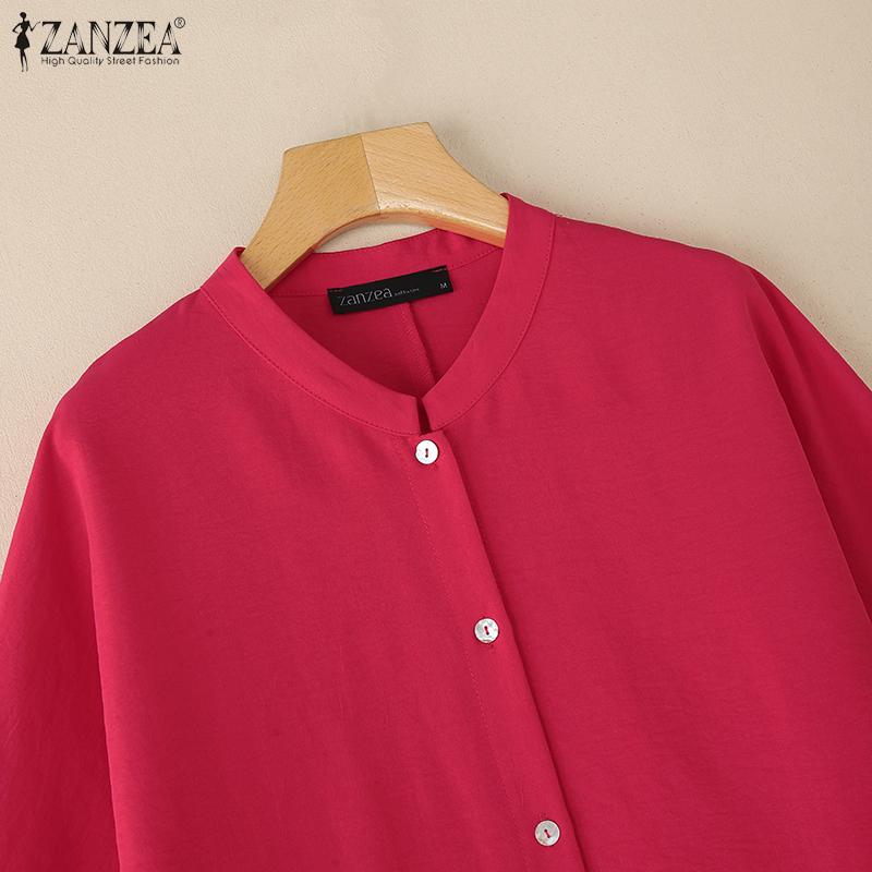 ZANZEA Женская повседневная блузка с круглым вырезом, свободного кроя, с рукавом 3/4, однотонная