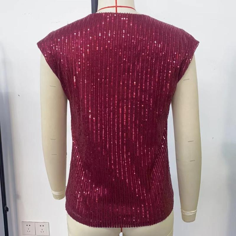 Summer New Sleeveless Sequin Casual Loose Shirts for Women Elegant Slim Fit V-neck Solid Blouses Women Elegant Simple Fashion Ladies Shirt Tops 26422