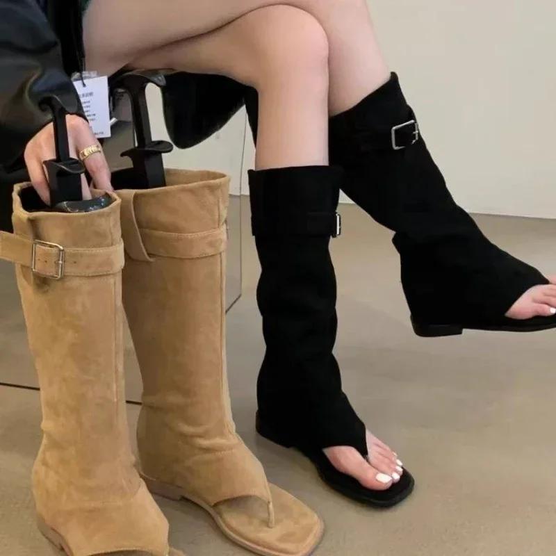Дизайнерские женские ботинки Модные женские сандалии с открытым носком Роскошные замшевые высокие римские сандалии Уличные универсальные женские ботфорты